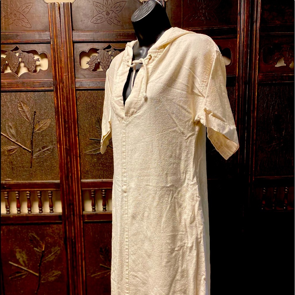 Vintage 1960’s B. Altman organic cotton floor length, navy cut neck, hooded gown